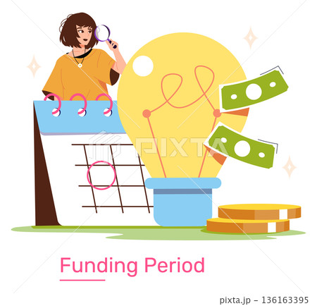Woman examining calendar with lightbulb and cash symbols, representing a funding period. Conceptual vector illustration of planning and analyzing financial investments. 136163395
