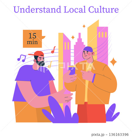 Vector illustration depicting two animated characters interacting to understand local culture. They engage in communication for 15 minutes, exchanging music and ideas. Vector illustration depicting two animated characters interacting to understand local culture. They engage in communication for 15 minutes, exchanging music and ideas. 136163396