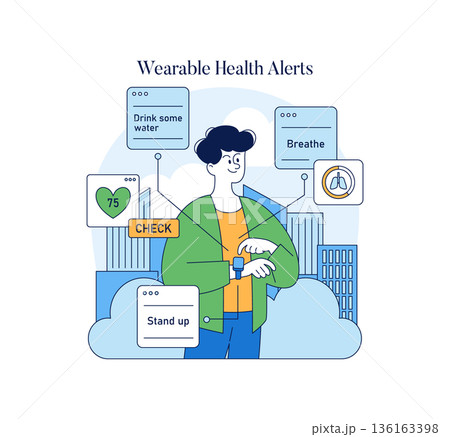 Vector illustration depicting wearable health alerts on a smartwatch. A person receives reminders to drink water, breathe, and stand up, promoting a healthy lifestyle with real-time updates. 136163398