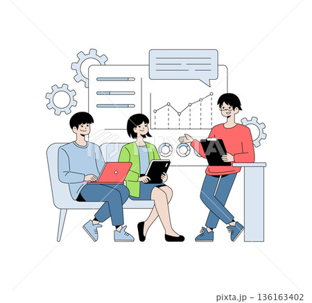 Vector illustration of three people engaged in a collaborative business strategy meeting. They discuss progress and ideas with laptops and notepads, showing teamwork and communication. Vector illustration of three people engaged in a collaborative business strategy meeting. They discuss progress and ideas with laptops and notepads, showing teamwork and communication. 136163402