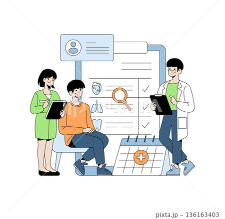 Vector illustration depicting a medical consultation. Three characters are engaged in a discussion around health records, featuring charts and medical icons. Illustrates collaborative healthcare. 136163403