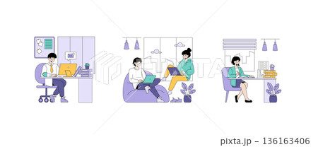 Three people engaging in remote work, each using laptops in different settings. Illustrative scenes show focus and productivity in various home and office environments. Vector illustration. Three people engaging in remote work, each using laptops in different settings. Illustrative scenes show focus and productivity in various home and office environments. Vector illustration. 136163406