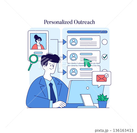 Vector illustration depicting a businessman managing personalized outreach through digital platforms. Features messaging, user profiles, and engagement elements for efficient communication. Vector illustration depicting a businessman managing personalized outreach through digital platforms. Features messaging, user profiles, and engagement elements for efficient communication. 136163413