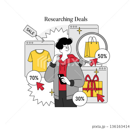Vector illustration of a person researching online shopping deals using a smartphone. Various discount percentages are displayed, highlighting sales on clothing, bags, and gifts. Vector illustration of a person researching online shopping deals using a smartphone. Various discount percentages are displayed, highlighting sales on clothing, bags, and gifts. 136163414