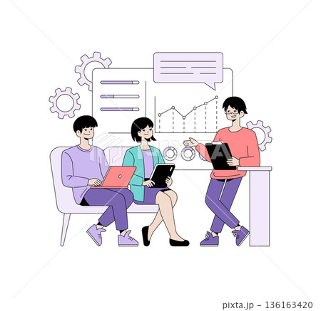 Business team engaging in a discussion while reviewing growth charts and data on devices. Vector illustration showcases teamwork, digital communication, and professional collaboration concepts. 136163420