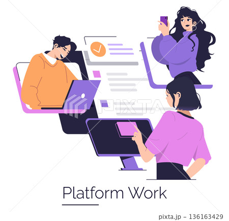 Vector illustration of three people working on digital platforms, engaging in communication and collaboration. Features a dynamic digital workspace with innovative tech interactions. 136163429