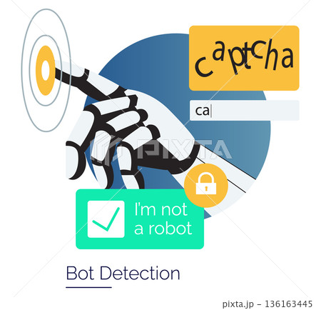 Robotic finger interacts with a CAPTCHA interface, symbolizing bot detection technology. The vector illustration highlights cybersecurity and AI's role in online security measures. 136163445