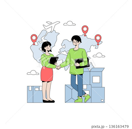 Vector illustration depicting two professionals shaking hands, symbolizing a successful business agreement. A world map with shipping icons in the background indicates global partnership. 136163479