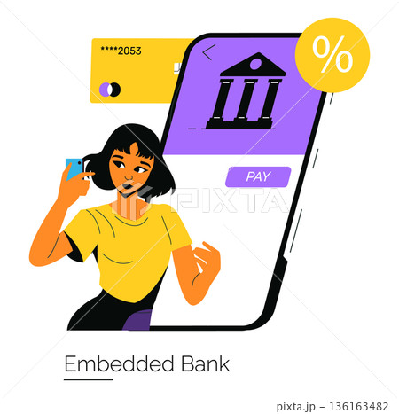 Vector illustration depicting a woman using her smartphone for online banking. The image highlights digital payments and financial technology with a focus on mobile banking. 136163482