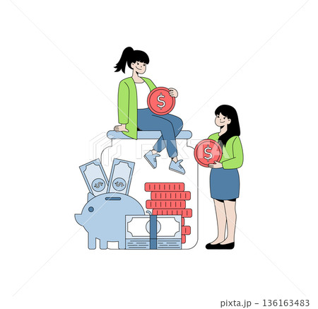 Vector illustration depicting two women saving money using coins and a piggy bank. Includes cash, stacked coins, and piggy bank icons, highlighting a concept of personal finance and savings. 136163483