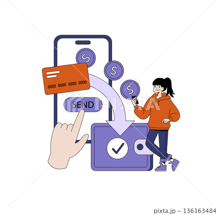 Vector illustration showing a hand making a mobile payment transaction. A person holds a phone, and digital elements represent currency transfer, emphasizing modern digital finance. 136163484