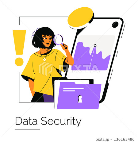 Vector illustration of data security concept featuring a woman holding a magnifying glass, examining data on a smartphone. Includes elements like a locked folder and warning icons. Vector illustration of data security concept featuring a woman holding a magnifying glass, examining data on a smartphone. Includes elements like a locked folder and warning icons. 136163496