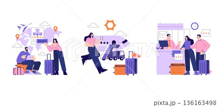 Vector illustration depicting travel stages: booking flights, heading to the airport, and checking in. Individuals are engaged in travel-related activities, illustrating the journey from planning to 136163498