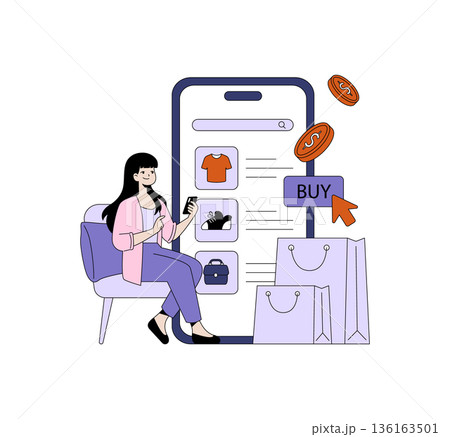 Vector illustration of a woman happily shopping online using a mobile app. She is seated with a phone, surrounded by shopping bags and a digital buy button, symbolizing e-commerce convenience. 136163501