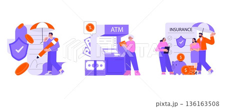 Vector illustration depicting financial security concepts with insurance, ATM usage, and savings representation. People interact with icons symbolizing money, savings, and safety. Vector illustration depicting financial security concepts with insurance, ATM usage, and savings representation. People interact with icons symbolizing money, savings, and safety. 136163508