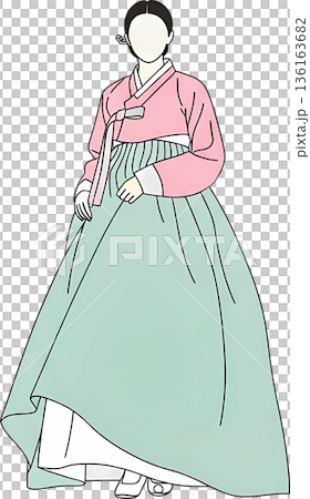 Korean woman illustration in traditional Hanbok dress with pink jeogori and light green chima skirt on white background vector design 136163682