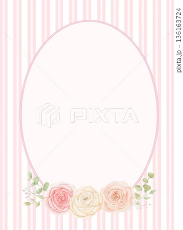 Watercolour striped background with floral bouquet, empty space for cards and invitations. Cottagecore design, template Watercolour striped background with floral bouquet, empty space for cards and invitations. Cottagecore design, template 136163724