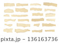 A set of torn strips of beige lined paper with jagged edges, isolated on a white background. Scraps of paper from a notebook. Concept of paper texture elements and stationery for design and print. 136163736