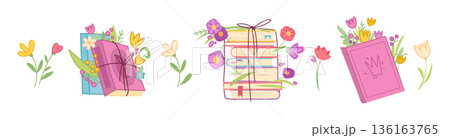 Book stack with flowers cartoon vector illustration 136163765