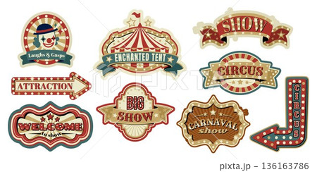 Vintage circus sign or emblems cartoon vector Vintage circus sign or emblems cartoon vector 136163786