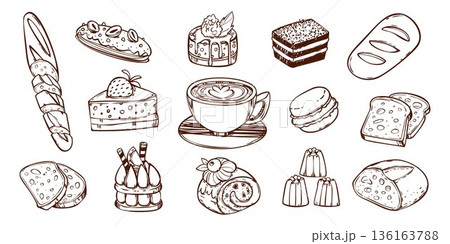 Sketch bakery doodle icons, fresh bread and cakes Sketch bakery doodle icons, fresh bread and cakes 136163788