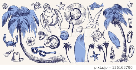Vintage beach sketch set with coastal icons 136163790