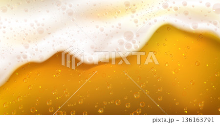 Golden beer with bubbles and foam texture 136163791