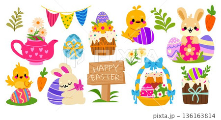 Easter bunny, chick and colored eggs elements 136163814