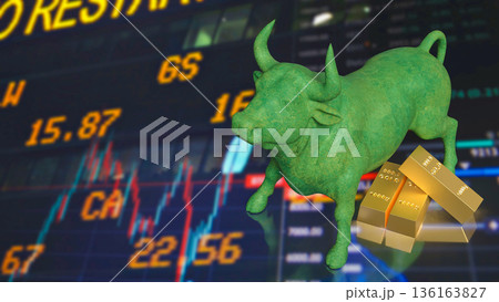 Green Bull Market Symbol With Gold Bars And Rising Stock Chart 3d render. 136163827