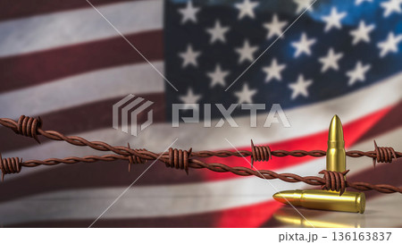 Golden Bullets and Barbed Wire Over United States Flag Concept 3d render. Golden Bullets and Barbed Wire Over United States Flag Concept 3d render. 136163837