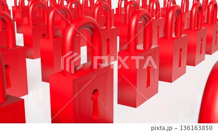 Rows of Red Padlocks Symbolizing Security and Restricted Access Concept 3d render. 136163850