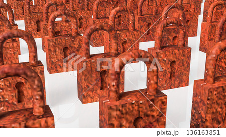 Rows of Rusty Padlocks Representing Old Security and Restriction Concept 3d render. 136163851