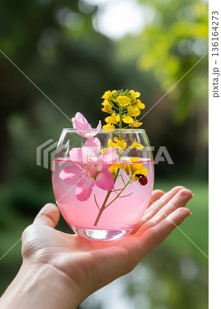 手の平で感じる春の訪れ 桜、菜の花てんとう虫の彩り 136164273