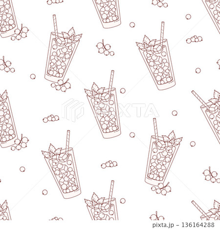 Outline Berry Drink Seamless Pattern. Line Art Seasonal Berries Blackcurrant Cocktails, Mint and Ice Cubes in glass on White Background. Line drawing, coloring page book. Vector Illustration 136164288