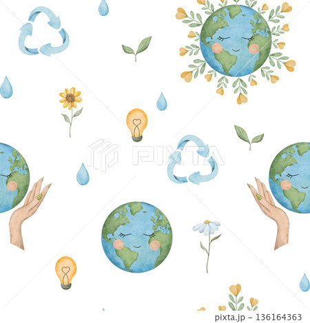 Seamless pattern of International Mother Earth Day. Ecology design. Watercolor hand drawn illustration for fabric, textile, wallpaper, packaging. Recycling, upcycling and downcycling signs. 136164363