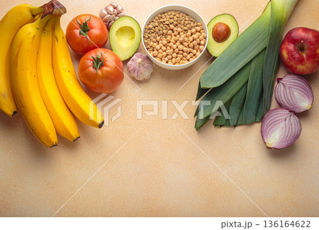 Prebiotic foods promoting gut health and wellness on table top view, space for text 136164622