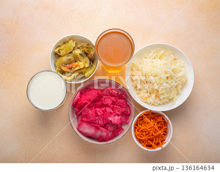 Fermented food promoting gut health with natural probiotics and beverages top view 136164634