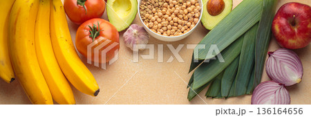 Prebiotic foods promoting gut health and wellness on table top view, space for text Prebiotic foods promoting gut health and wellness on table top view, space for text 136164656