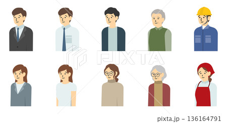 フラットイラスト:男性と女性の上半身セット フラットイラスト:男性と女性の上半身セット 136164791