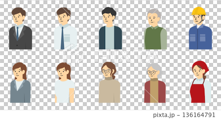 フラットイラスト:男性と女性の上半身セット フラットイラスト:男性と女性の上半身セット 136164791