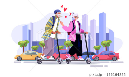 Senior couple riding scooters city romance active aging elderly man woman smiling hearts urban background trees colorful cars modern flat 136164833