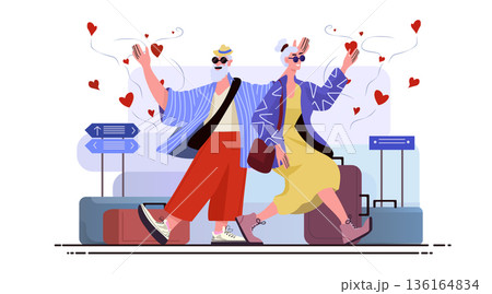 Senior couple traveling airport romance active aging holiday adventure cheerful elderly man woman holding hands walking luggage hearts modern flat design 136164834