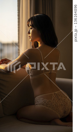 夕暮れの窓辺で振り返る白いランジェリー姿の女性の後ろ姿 136164896