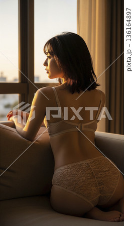 夕日が差し込む窓辺で外を眺めるベージュの下着姿の女性の背中 136164897