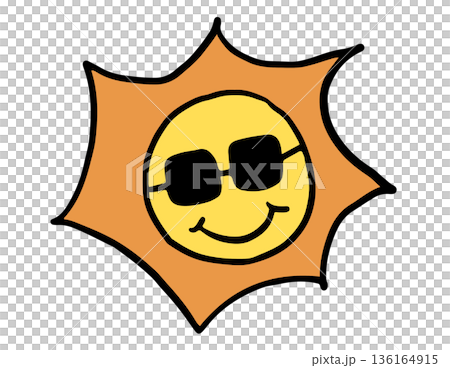 Hand drawn illustration of sun wearing sunglasses for day time, summer break, sticker, picnic, beach vibe, hot season, warm weather, temperature, nature, garden, outdoor, playtime, exercise, running Hand drawn illustration of sun wearing sunglasses for day time, summer break, sticker, picnic, beach vibe, hot season, warm weather, temperature, nature, garden, outdoor, playtime, exercise, running 136164915