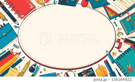 レトロ調の文房具イラストが囲むフレーム背景素材 136164922
