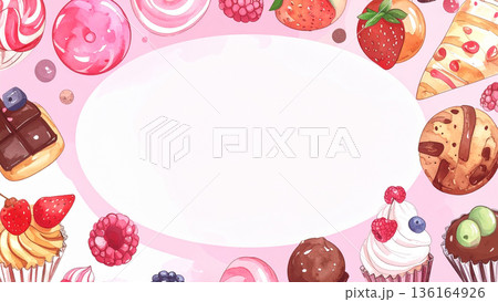 水彩タッチのスイーツが周囲を彩るピンク背景フレーム素材 水彩タッチのスイーツが周囲を彩るピンク背景フレーム素材 136164926
