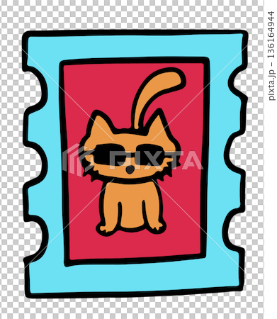 Hand drawn stamp illustrations of cat wearing sunglasses for decoration, kitten cartoon, characters, comic, stickers, tattoo, pet shop, vet, animal, pin, icon, post card, print, envelope, sticker 136164944
