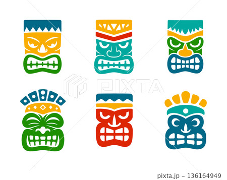 Set of six colorful tiki masks with crowns Polynesian tribal collection for cultural artwork, decor and festival posters Set of six colorful tiki masks with crowns Polynesian tribal collection for cultural artwork, decor and festival posters 136164949