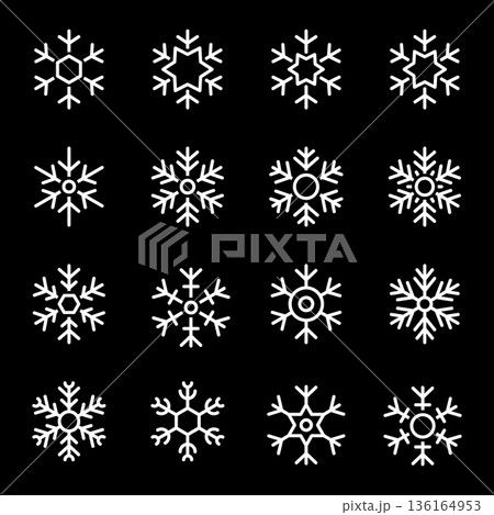 Set of 16 white snowflakes on black background. Minimal winter vector illustrations for Christmas and seasonal festive projects Set of 16 white snowflakes on black background. Minimal winter vector illustrations for Christmas and seasonal festive projects 136164953